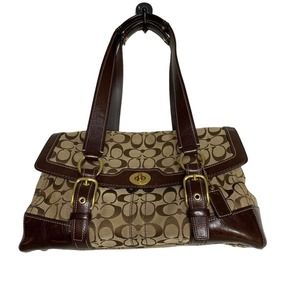 Coach Signature Handbag Hampton Flap Satchel Purse Canvas Leather Trim 11061